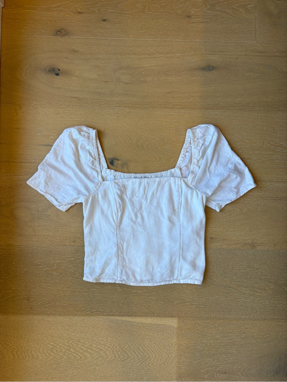 Abercrombie & Fitch White Linen Blend Square-Neck Puff Sleeve Cropped Top